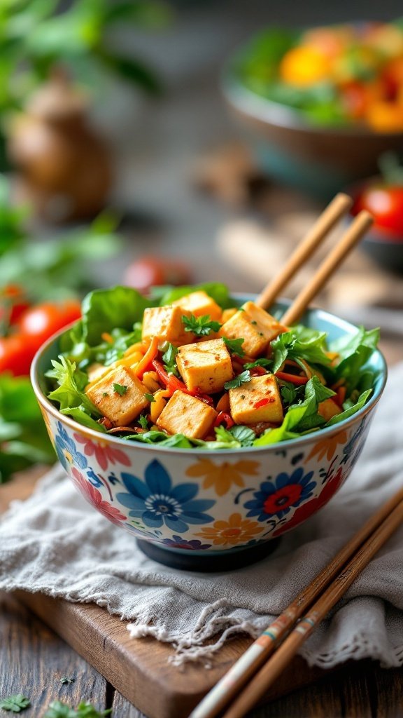 A vibrant bowl of vegetable stir-fry with tofu, featuring fresh vegetables and cubes of tofu, garnished with green onions.
