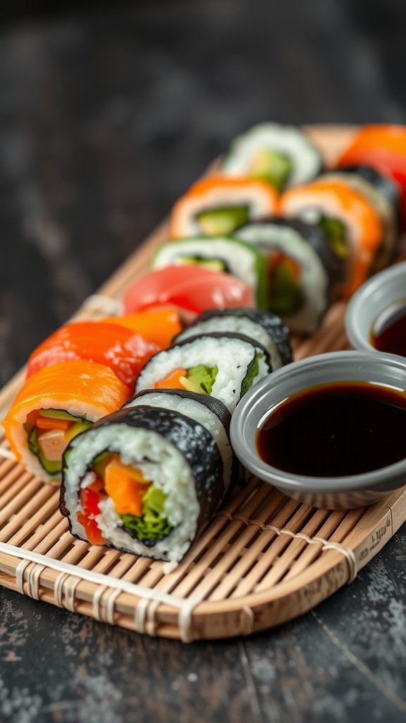 A plate of colorful vegetable sushi rolls with dipping sauce