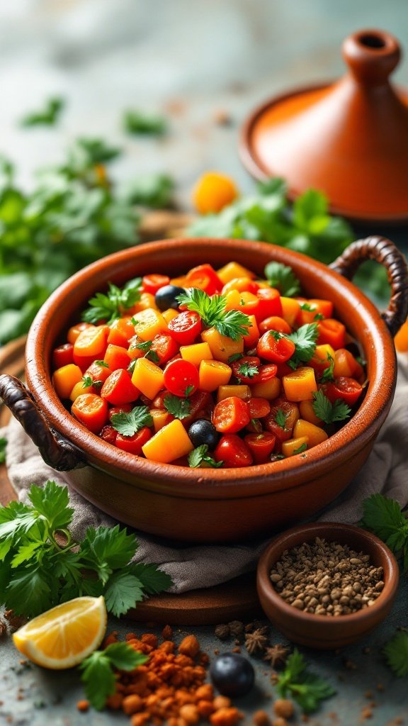 A vibrant bowl of vegetable tagine with assorted fresh vegetables and spices.