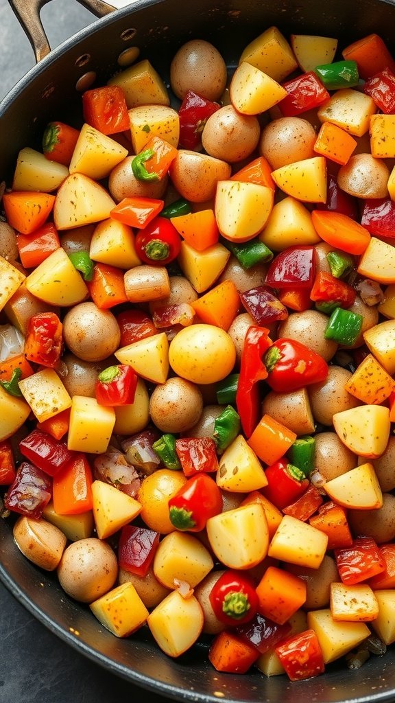 A colorful mix of diced potatoes, bell peppers, and onions in a skillet.

10 Cheap Breakfast For Dinner Ideas