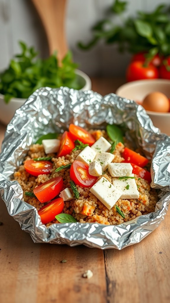 Mediterranean quinoa foil pack with vegetables and feta cheese