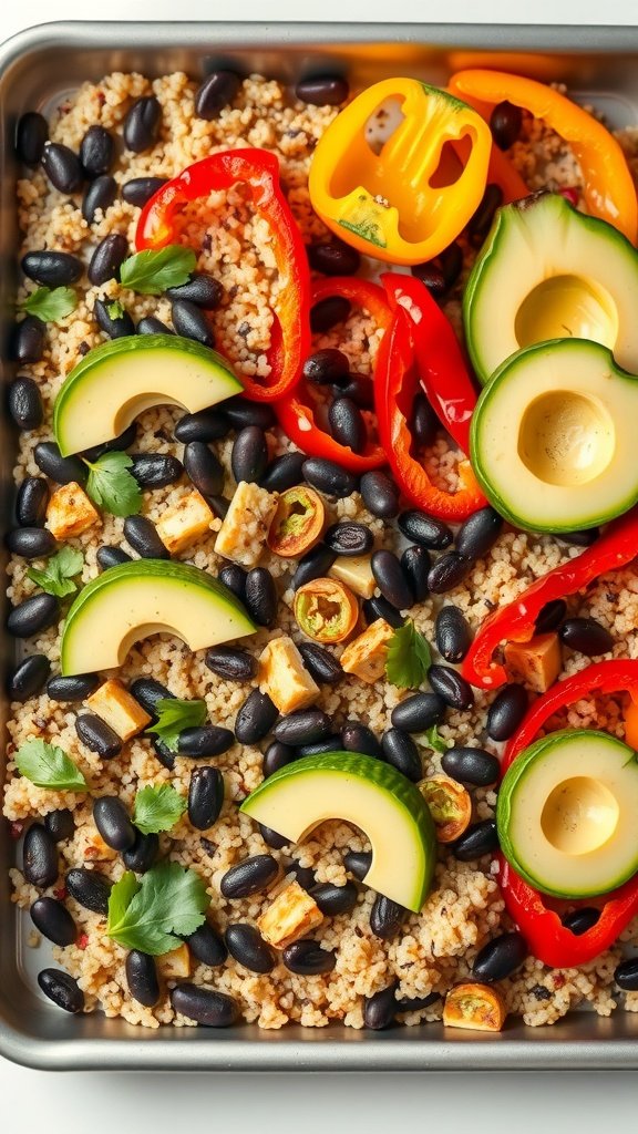 A colorful Vegetarian Quinoa and Black Bean Bowl featuring quinoa, black beans, bell peppers, zucchini, corn, and avocado.