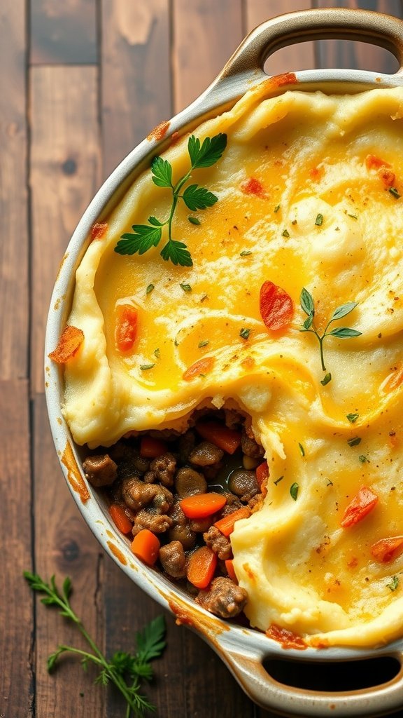 A delicious vegetarian shepherd's pie topped with creamy mashed potatoes, served in a baking dish.