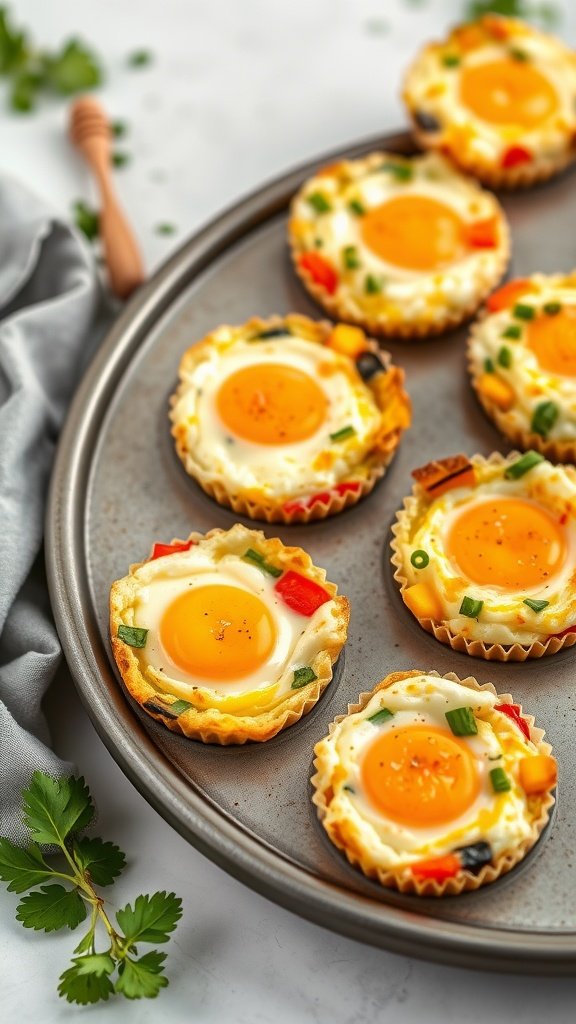 A tray of veggie-packed egg muffins with colorful vegetables and eggs.