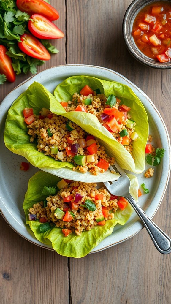Veggie-Packed Quinoa Lettuce Wraps on a plate with fresh vegetables.