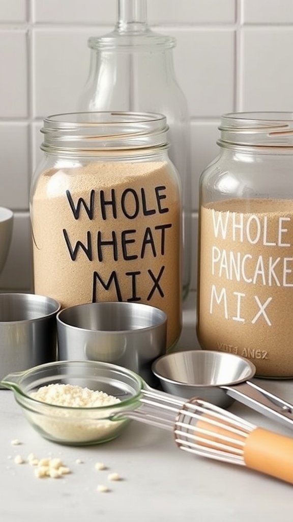 Whole wheat pancake mix jars with measuring cups and whisk