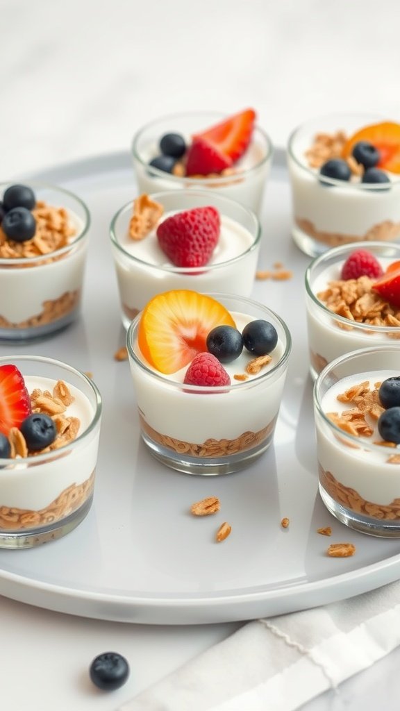 Yogurt and granola breakfast cups with assorted berries on top