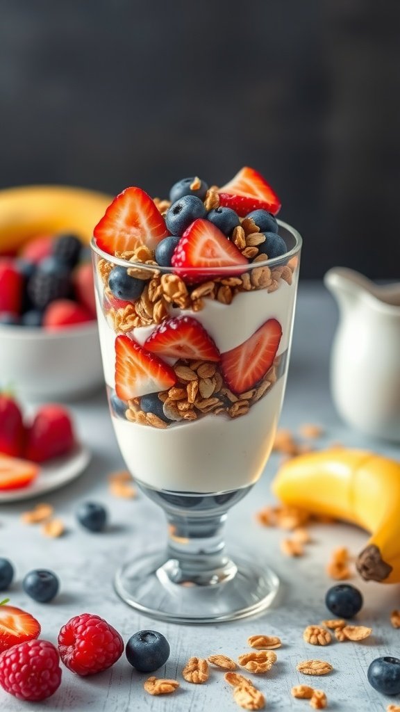 A beautiful yogurt parfait layered with granola and fresh fruit in a glass