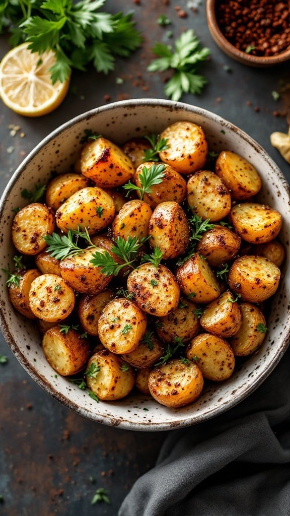 A bowl of zaatar roasted potatoes garnished with herbs.