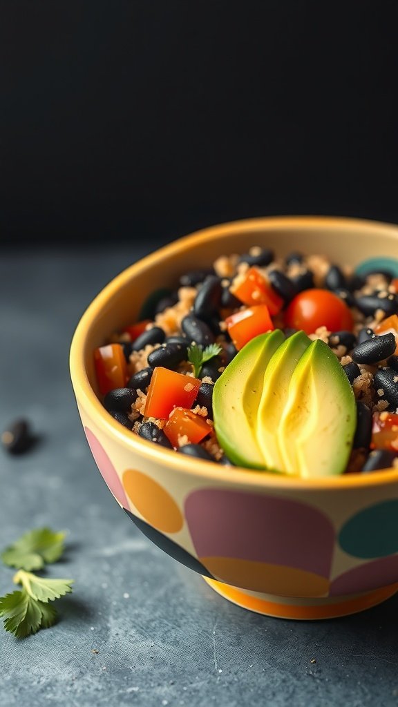 Bowl of zesty black bean quinoa with colorful vegetables and avocado slices