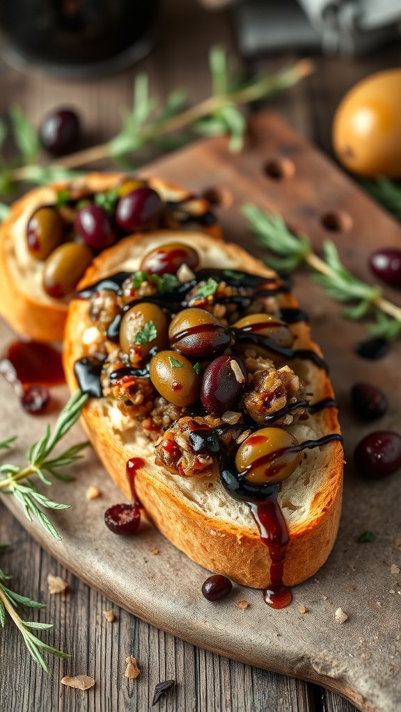 Delicious bruschetta topped with zesty olive tapenade and garnished with olives.
