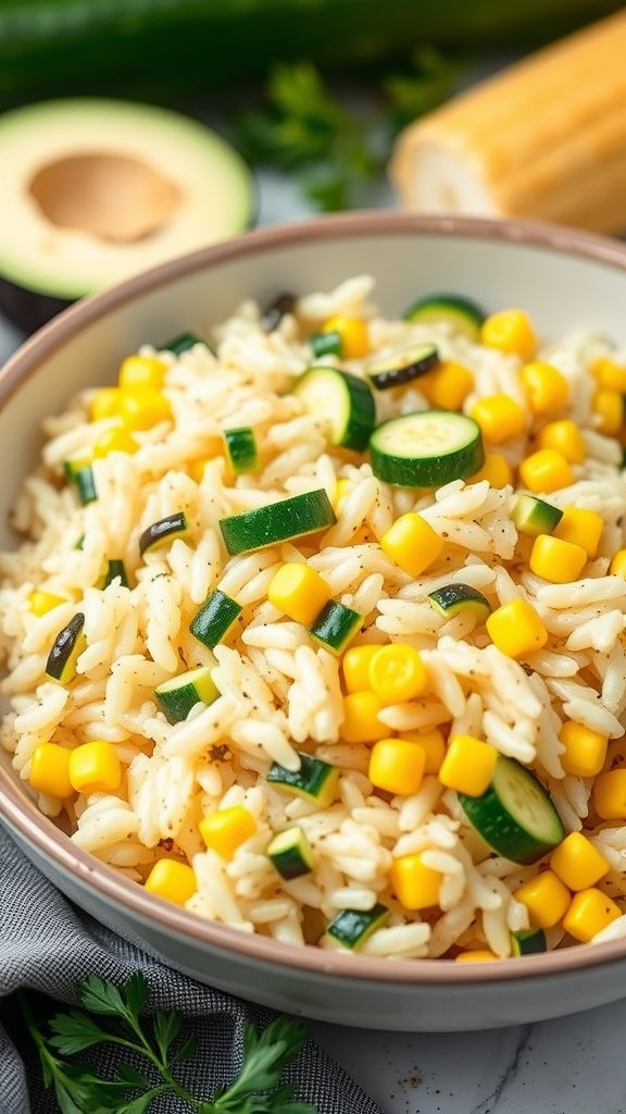 A bowl of zucchini and corn rice pilaf with fresh ingredients around it.