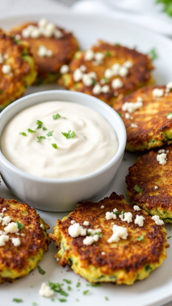 Delicious zucchini fritters topped with feta cheese, served with a dipping sauce.