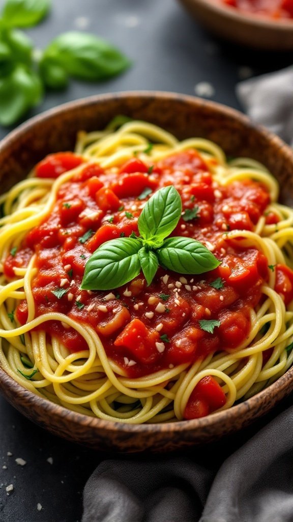 A bowl of zucchini noodles topped with marinara sauce and fresh basil.