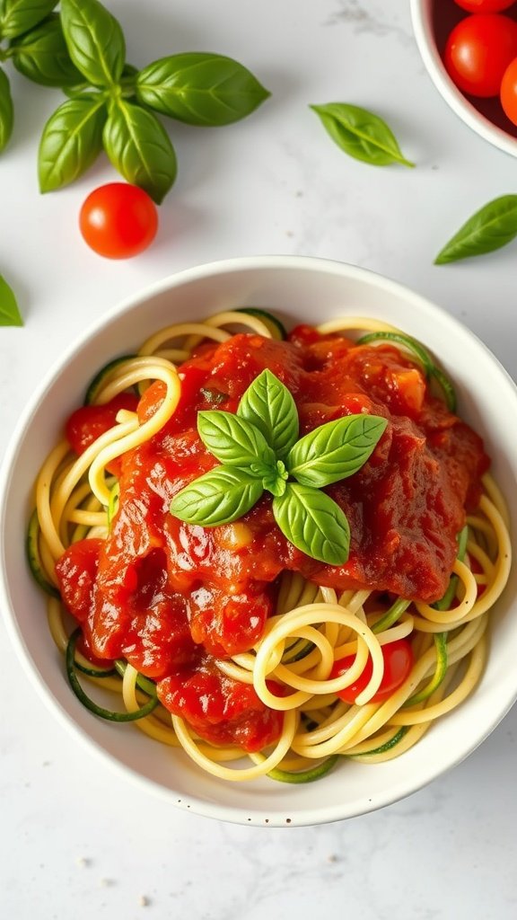 A bowl of zucchini noodles topped with marinara sauce and fresh basil.