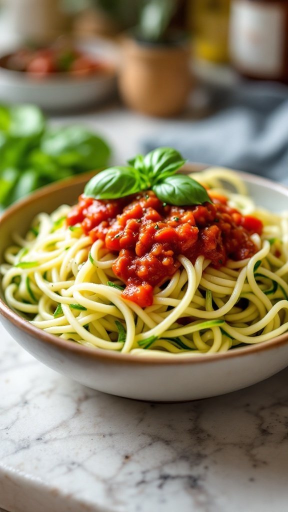 A bowl of zucchini noodles topped with marinara sauce and fresh basil leaves.