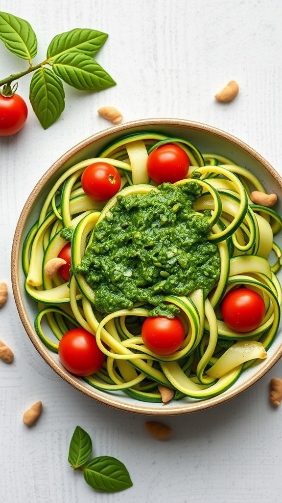 Bowl of zucchini noodles topped with pesto and cherry tomatoes