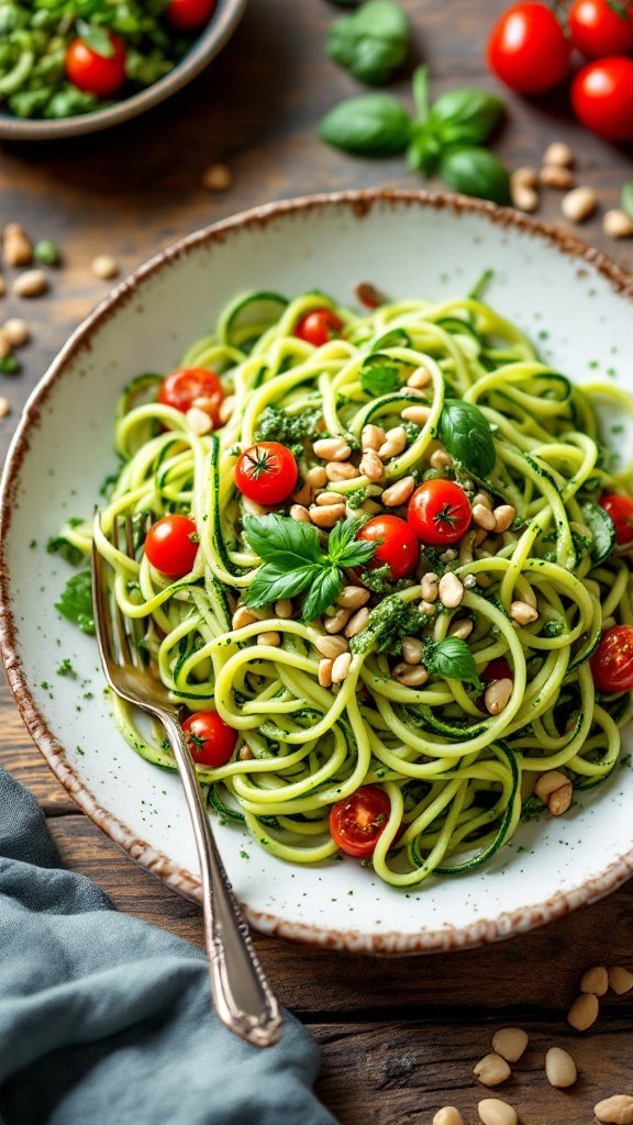 A plate of zucchini noodles tossed in pesto with cherry tomatoes and pine nuts