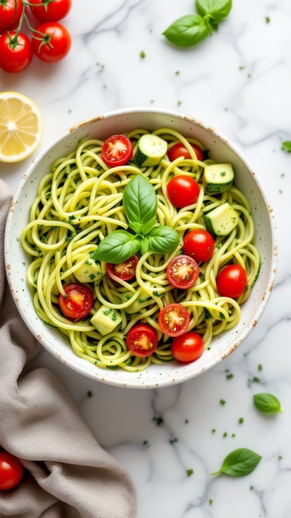 Zucchini noodles with pesto and cherry tomatoes in a bowl