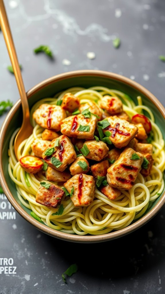 A bowl of zucchini noodles topped with stir-fried chicken and garnished with green onions.