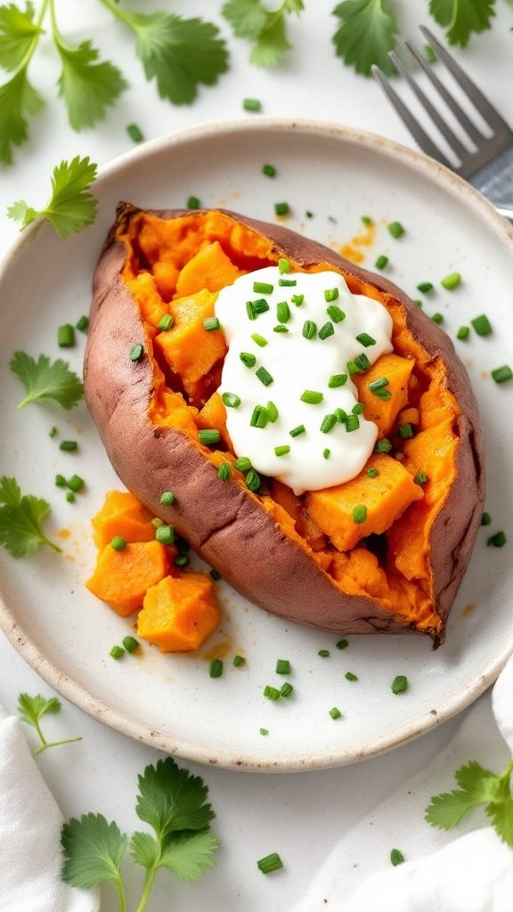 Baked sweet potatoes with herbs and toppings