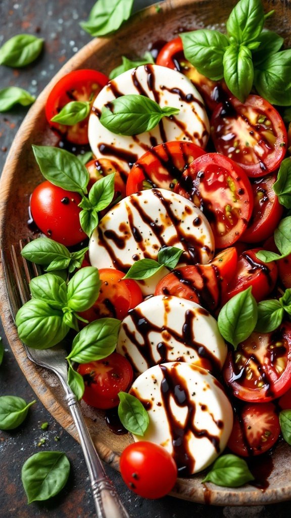 A fresh Caprese salad with tomatoes, mozzarella, and basil drizzled with balsamic reduction.