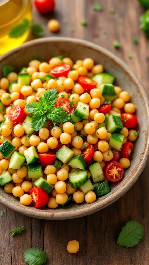 A colorful chickpea salad with cucumbers, cherry tomatoes, and fresh herbs.