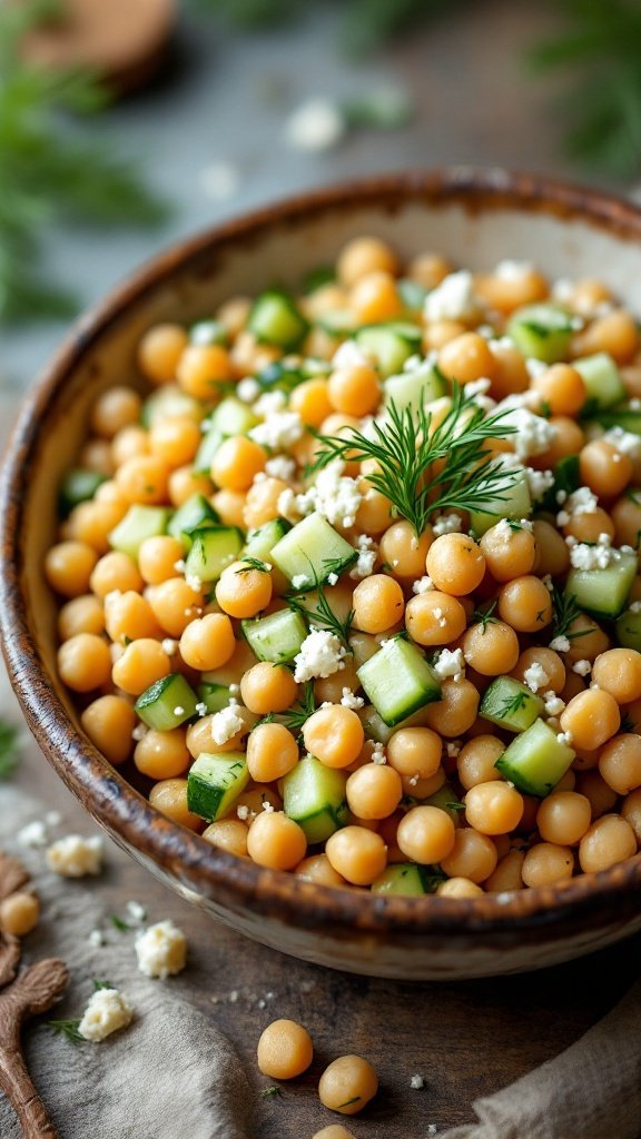 A bowl of chickpea salad with cucumber and feta cheese, garnished with fresh herbs.
