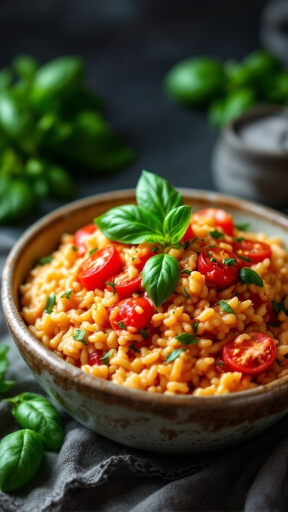 A bowl of creamy tomato basil risotto garnished with fresh basil and cherry tomatoes.