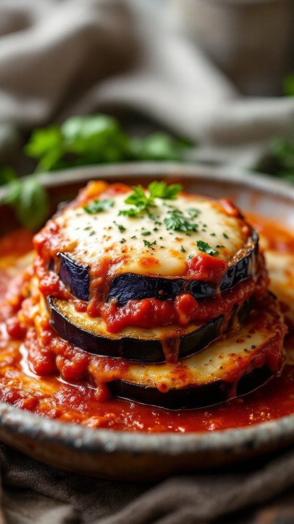 A delicious serving of Eggplant Parmesan, layers of eggplant and marinara sauce.