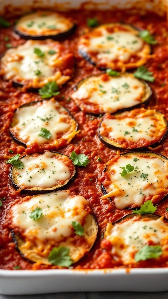 A dish of Eggplant Parmesan Bake with layers of eggplant, sauce, and melted cheese topped with herbs.