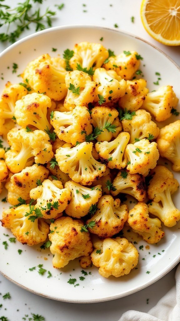 A plate of garlic roasted cauliflower garnished with parsley.