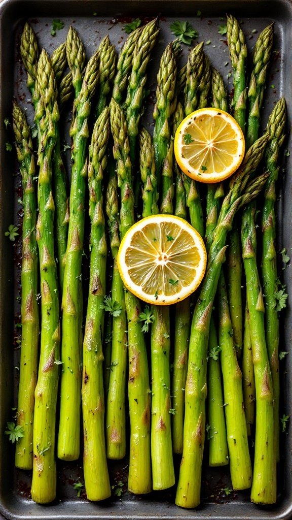 A plate of grilled asparagus with lemon and herbs.