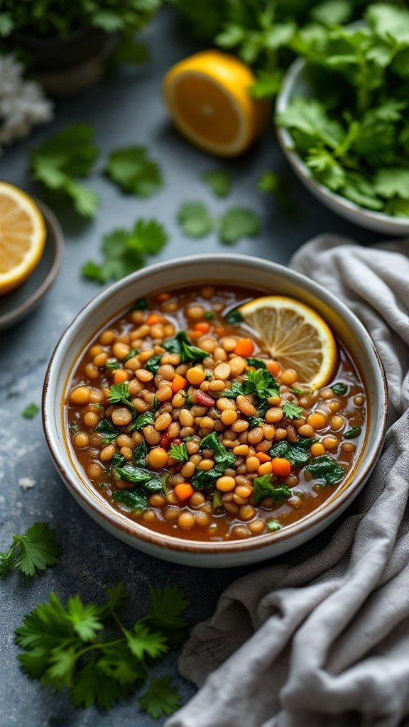 A bowl of lentil soup with spinach and lemon slices on the side.