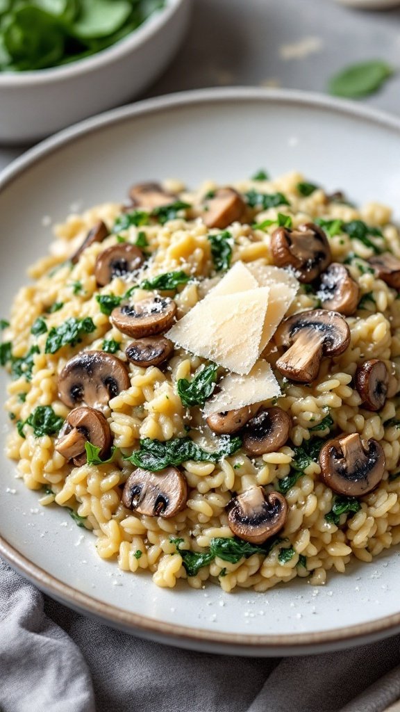 A plate of Mushroom and Spinach Risotto topped with grated Parmesan.