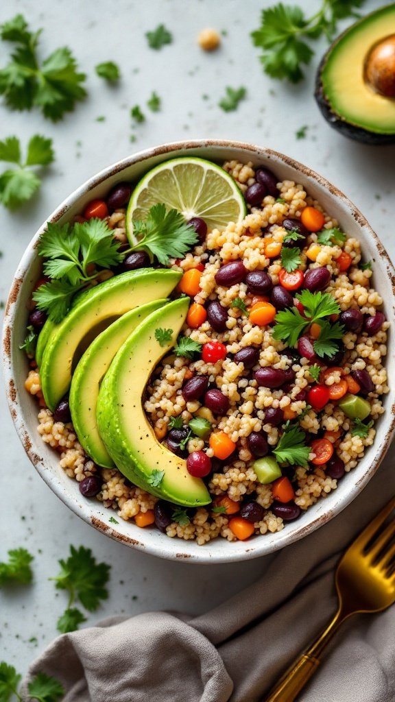 A colorful quinoa and black bean bowl topped with avocado slices and fresh herbs.