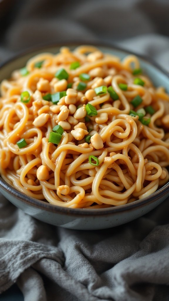 A bowl of rice noodles topped with peanut sauce and garnished with chopped peanuts and green onions