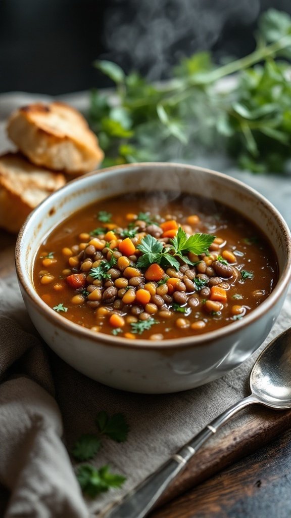 A bowl of savory lentil soup with vegetables, garnished with parsley.