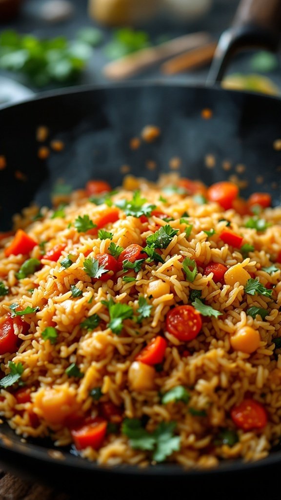 A vibrant plate of spicy vegetable stir-fry with rice and colorful vegetables.