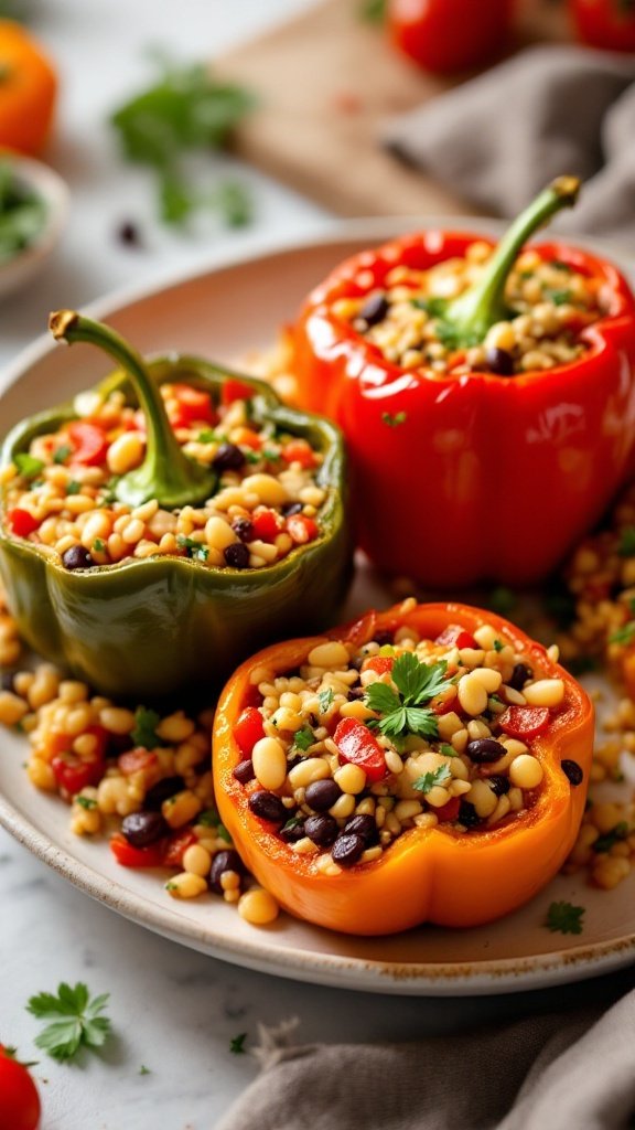 A plate of three stuffed bell peppers filled with colorful grains and beans, garnished with cilantro.