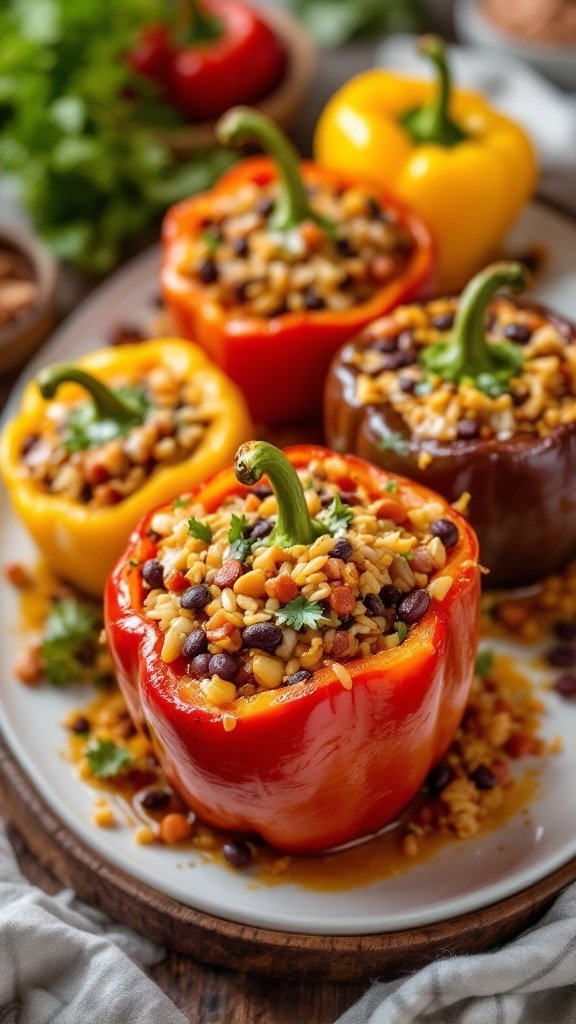 Stuffed bell peppers filled with rice, beans, and topped with cilantro