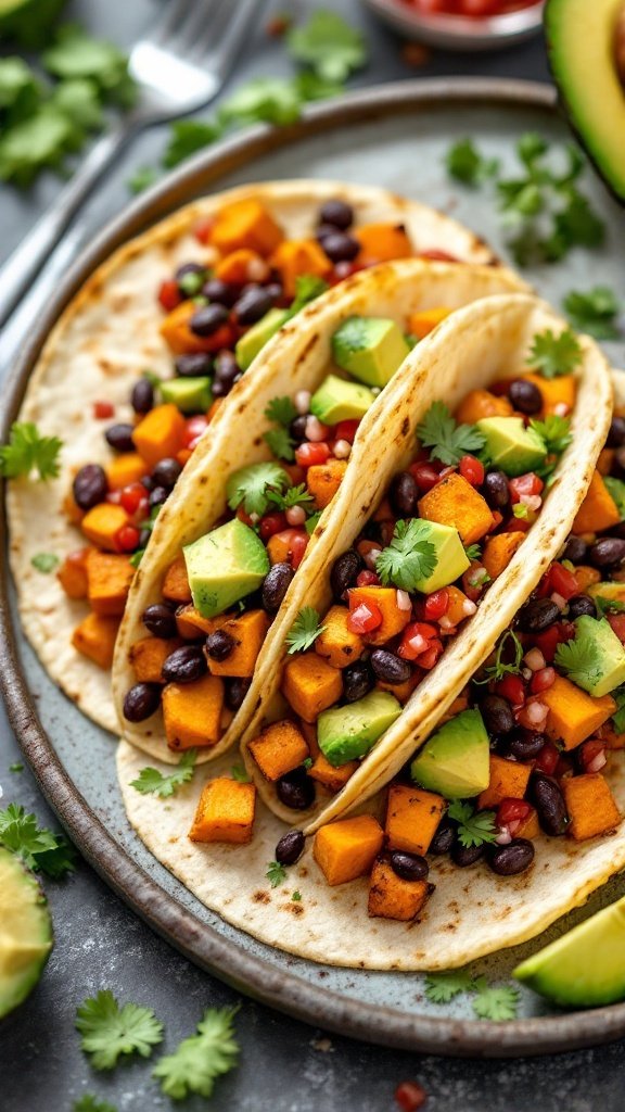 Sweet Potato and Black Bean Tacos with toppings
