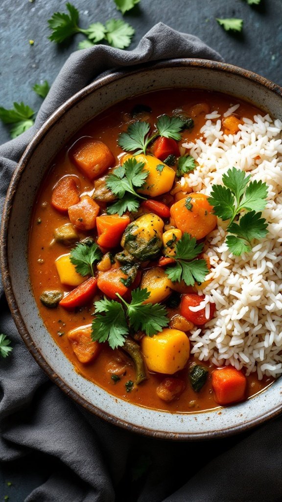 Bowl of vegetable curry with coconut milk served with rice