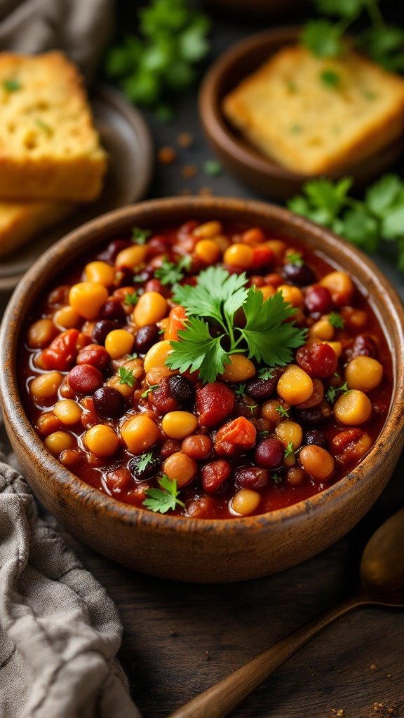 A bowl of colorful vegetarian chili garnished with cilantro, served with bread on the side.