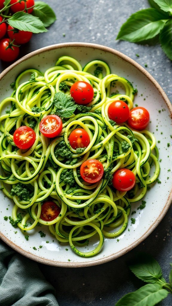 Zucchini noodles tossed with pesto and cherry tomatoes